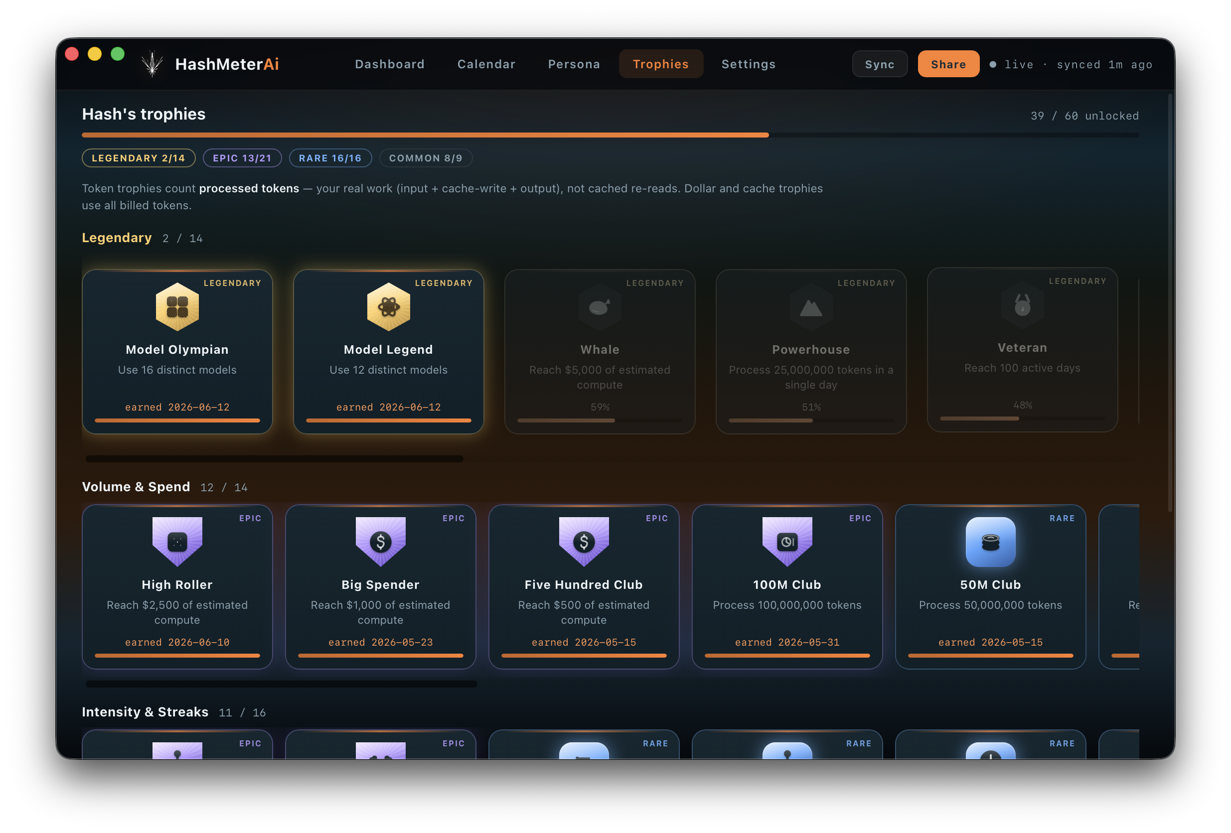 HashMeterAi Trophies screen showing legendary, epic, rare, and common trophies organized by category.